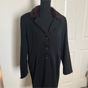 Long, black, red faux fur collar, 3 button jacket